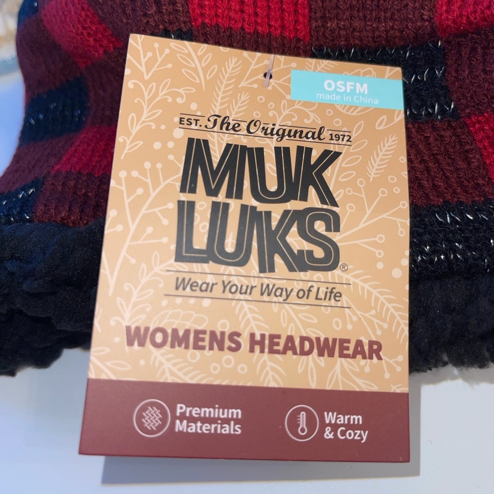 MUK LUKS Buffalo Plaid Reversible Headband in Dark Red/Black with Faux Fur - Picture 14 of 16